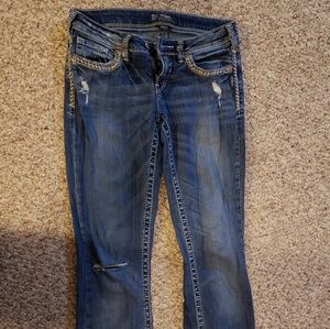 Silver distressed bootcut jeans